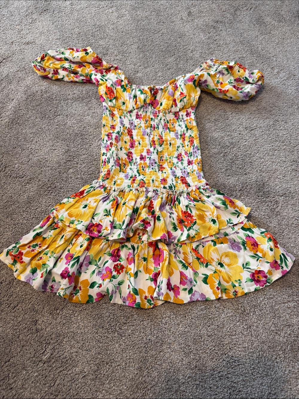 Sky to Moon Yellow Floral Ruffle Smocked Mini Dress